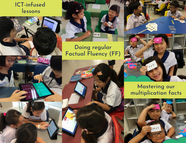 Students in uniforms practice math using tablets and flashcards in ICT lessons and factual fluency activities.